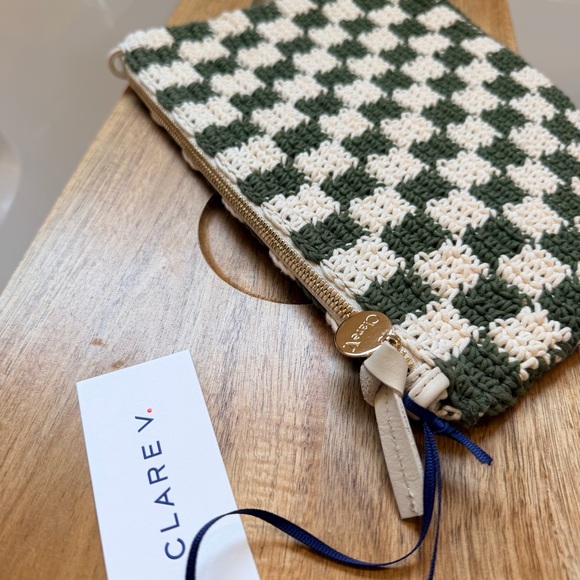 Clare V flat clutch with tabs olive and cream crochet checker origional $195 - Picture 5 of 9